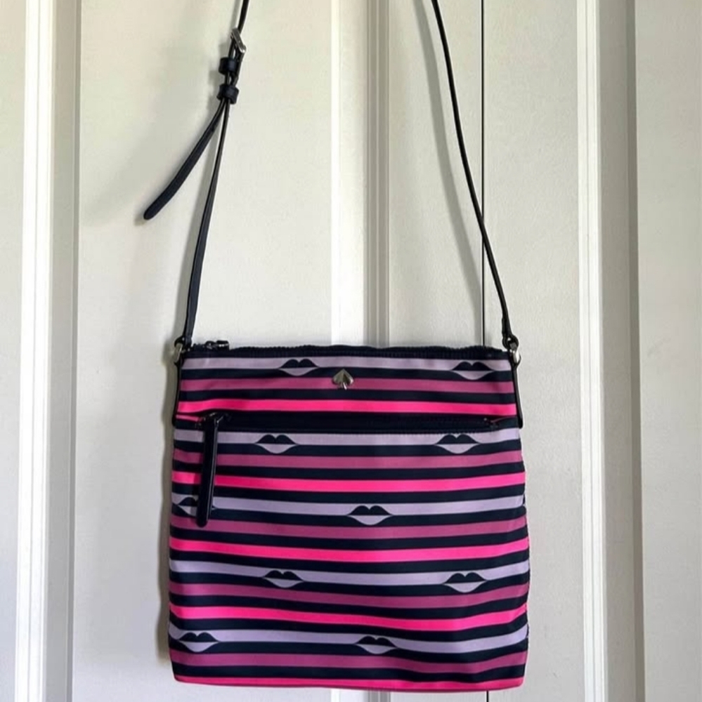 Kate Spade Nylon Navy Blue and Pink & Purple Lips Striped Crossbody Bag